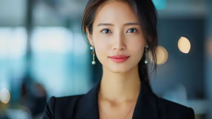 Chinesische Geschäftsfrau vor unscharfem Büro-Hintergrund, ai generativ