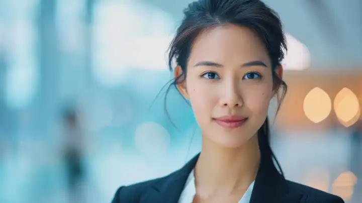 Chinesische Geschäftsfrau vor unscharfem Büro-Hintergrund, ai generiert