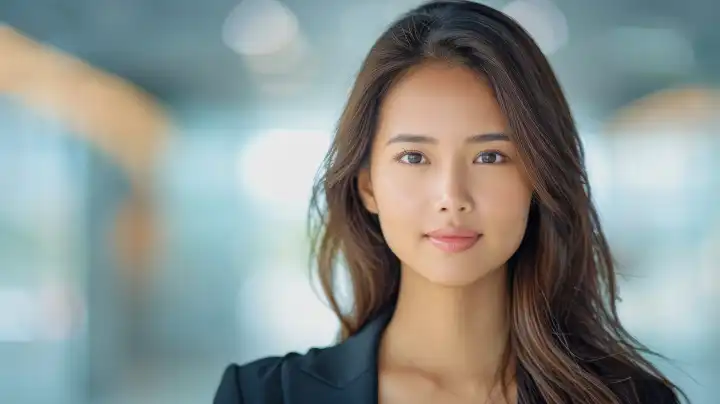 Chinesische Geschäftsfrau vor unscharfem Büro-Hintergrund, AI generiert