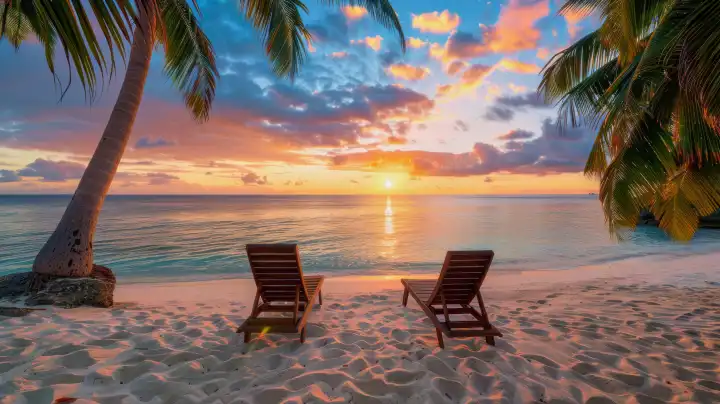 Illustration von zwei Liegestühlen am tropischen Strand bei Sonnenuntergang, AI generiert