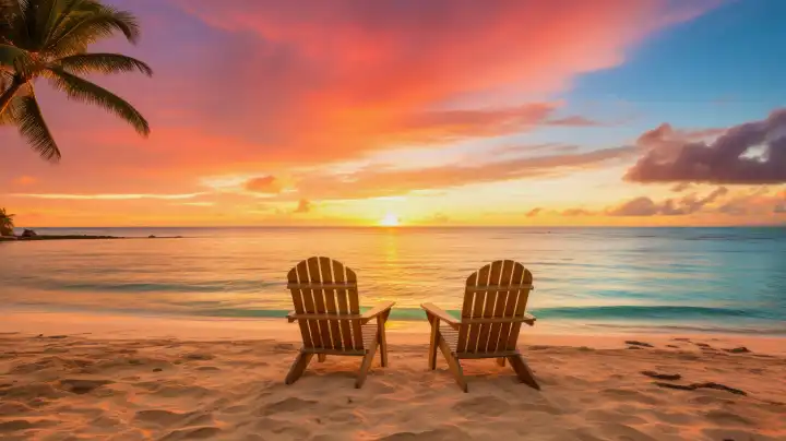 Two sun loungers on the tropical beach at sunset, AI generated