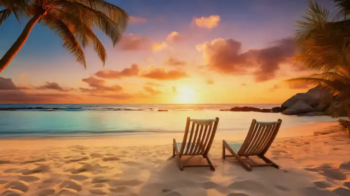 zwei Liegestühle am tropischen Strand bei Sonnenuntergang, AI generiert