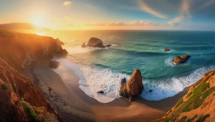 Von Felsen umrahmte Bucht mit schönem Strand im Sonnenschein, AI generiert