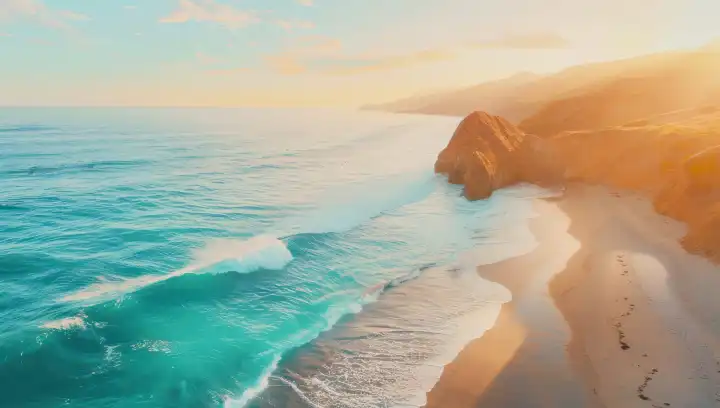 Von Felsen umrahmte Bucht mit schönem Naturstrand in der Sonne, AI generiert