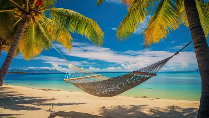 Hammock between two palm trees on a tropical beach, AI generated