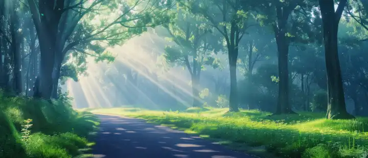 anime Hintergrund mit einem Pfad in einem Wald und Sonnenstrahlen, AI generiert