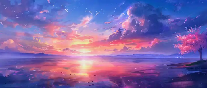Anime beach background with sunset and japanese cherry tree, AI generated