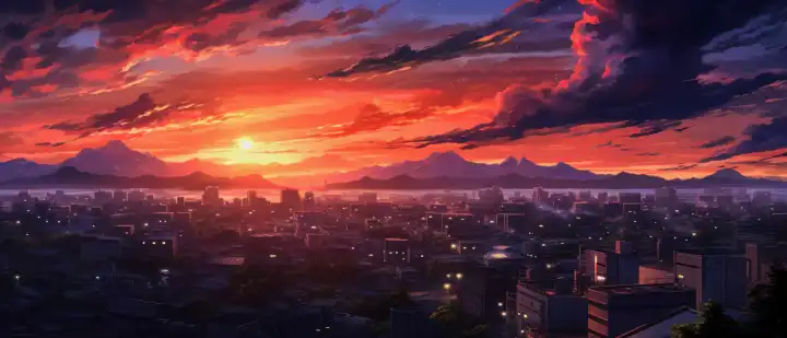 Anime-Hintergrund mit Stadtbild im Sonnenuntergang, AI generiert