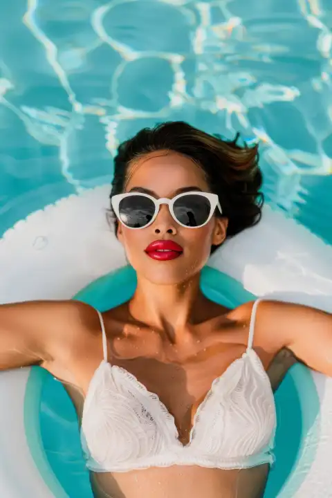 Frau liegt auf einem aufblasbaren Ring im Pool, trägt Sonnenbrille und weißen Bikini, AI generiert