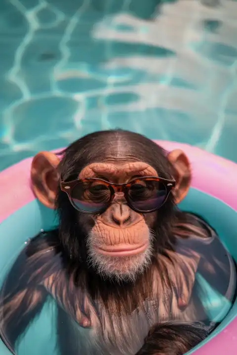 Cool chimpanzee with sunglasses relaxing in the pool, inflatable ring, AI generated