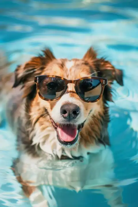 Australischer Schäferhund schwimmt in einem Pool mit Sonnenbrille, AI generiert