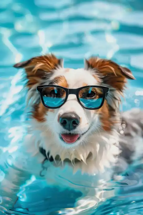 Australischer Schäferhund schwimmt in einem Pool mit Sonnenbrille, AI generiert