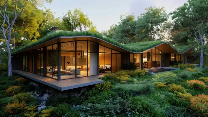 nachhaltiges, umweltfreundliches Einfamilienhaus mit begrüntem Dach und Photovoltaikanlage, AI generiert