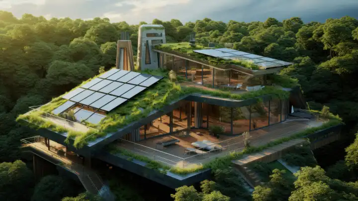 Sustainable, environmentally friendly detached house with green roof and photovoltaic system, AI generated
