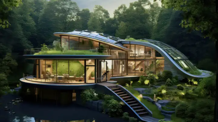 nachhaltiges, umweltfreundliches Einfamilienhaus mit begrüntem Dach und Photovoltaikanlage, AI generiert