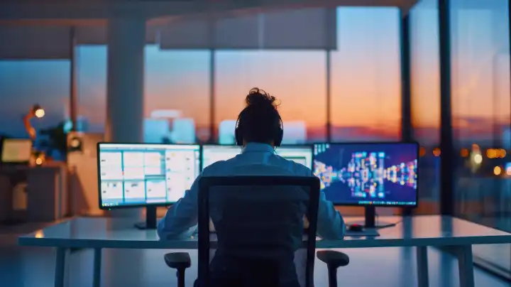 Person bei der Arbeit mit drei Bildschirmen im Büro, AI generiert