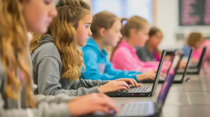 A school class learning on laptops, generating AI