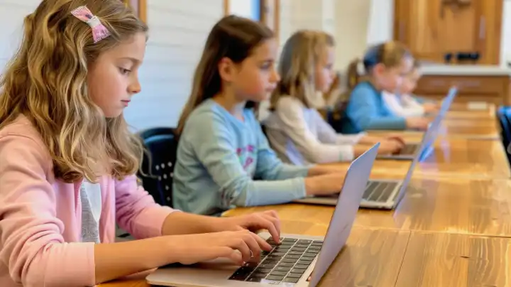 Schulklasse lernt mit Laptops im Klassenzimmer, AI generiert