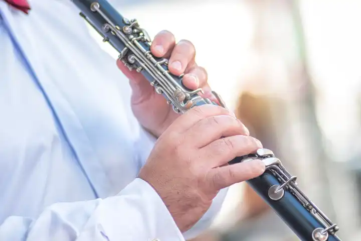 Detail of a clarinet player's fingers during a performance