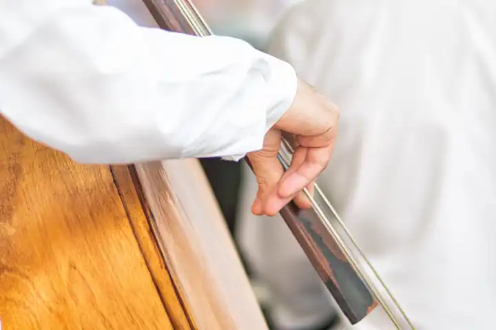 Detail of a double bass player's fingers during a performance