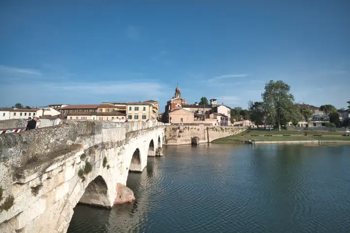 The ancient Roman bridge of Augustus Tiberius in Rimini in Emilia Romagna Italy