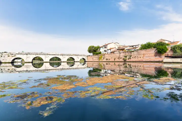 The edge of San Giuliano and The Augustus Tiberius Bridge in Rimini in Emilia Romagna Italy
