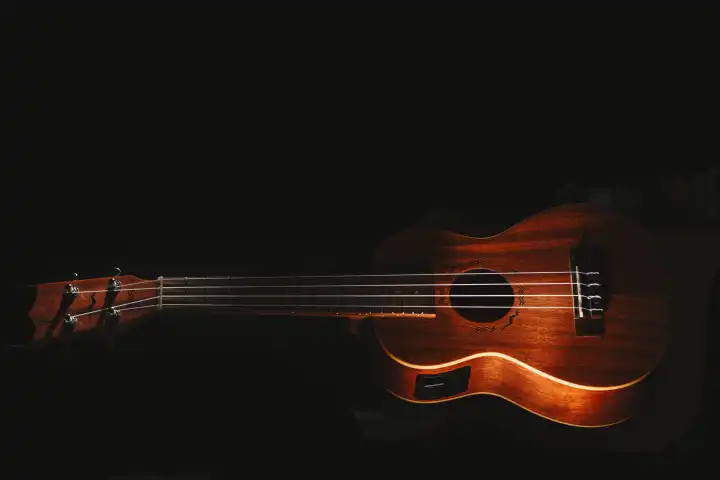 A ukulele stringed musical instrument on a black background