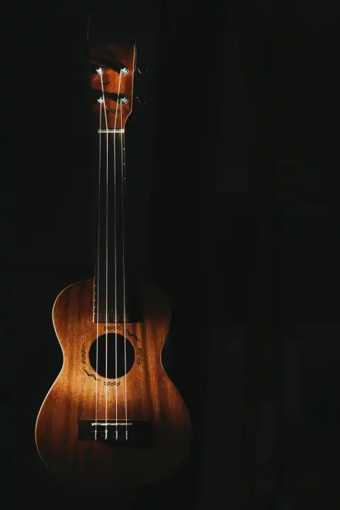 Ukulele Saitenmusikinstrument auf schwarzem Hintergrund
