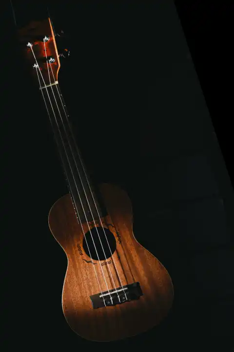 Ukulele stringed musical instrument on black background
