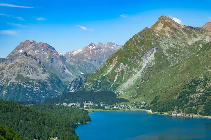 View of the Maloja pass in valley Engadine Switzerland. Beginning of the Inn River.