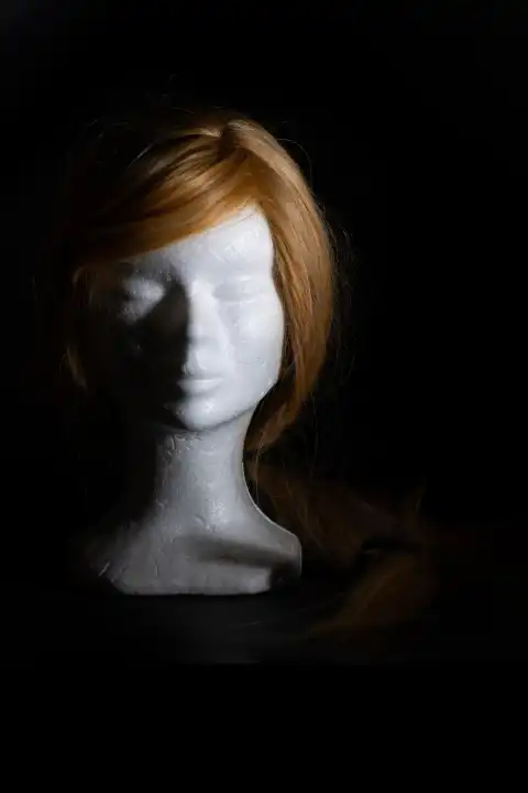Blonde wig on a polystyrene head on a black background