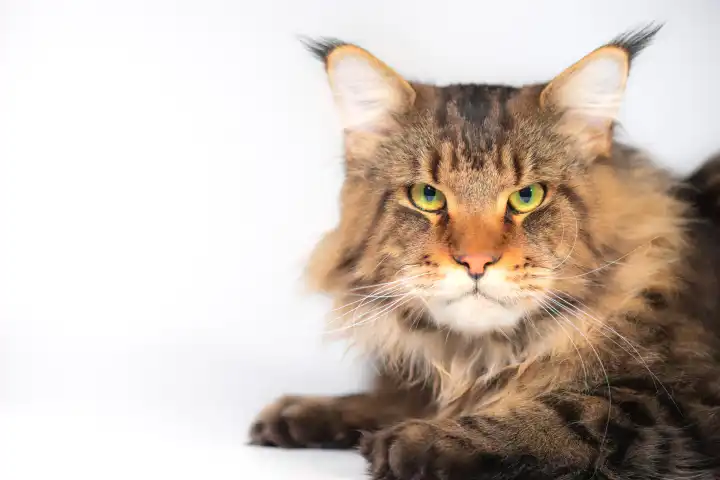 A Maine coon cat on a white background