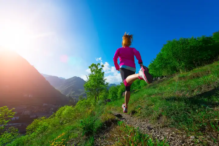 Joggen durch die Landschaft auf dem Bergpfad eines Mädchens von hinten schönen sportlichen Schrittes