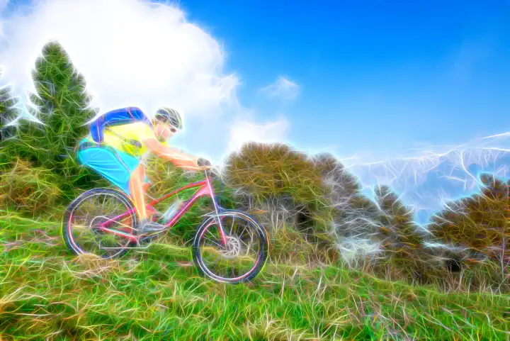 Outdoor activities. Landscape with man mountain biking  downhill Illustration