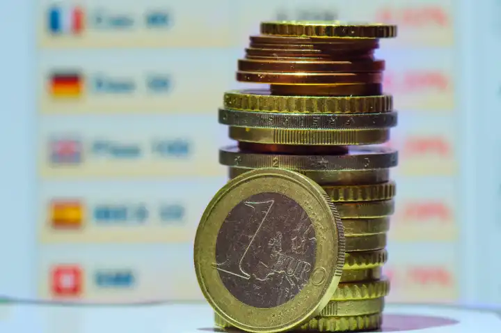 Ein Päckchen Euro-Münzen vor einem Computerbildschirm mit Finanzangaben.