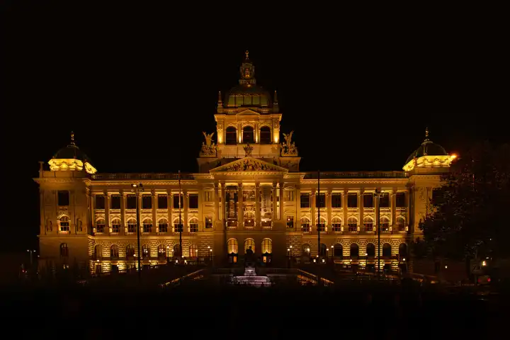 Prague National Museum at night. "National Museum"