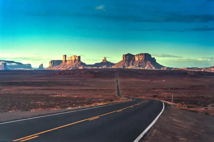 Scan of old slide depicting the famous road to Monument Valley in Arizona - Utah.