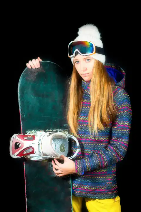 Sportliches Mädchen mit langen blonden Haaren und Snowboard auf schwarzem Studiohintergrund.