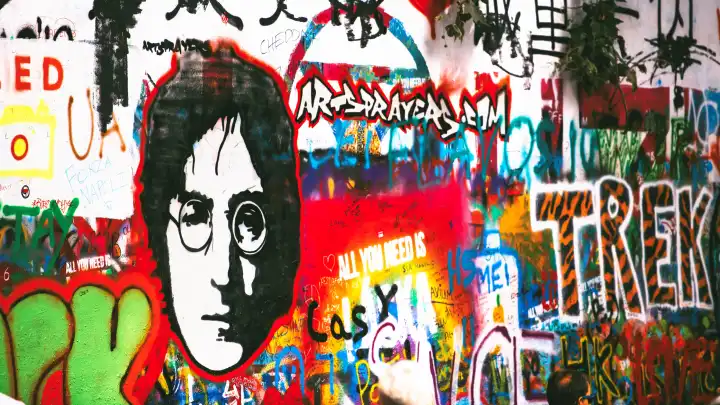 Prague, Czech Republic - 6 September 2019: Wall of John Lennon in Prague