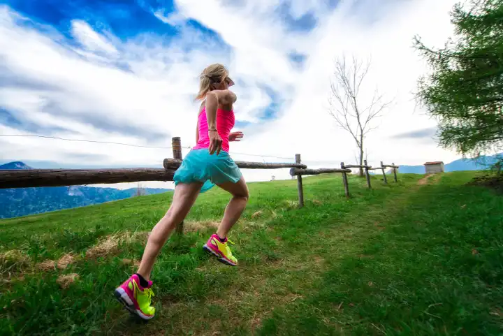 Blonde girl athlete runs a mountain path in the green grass