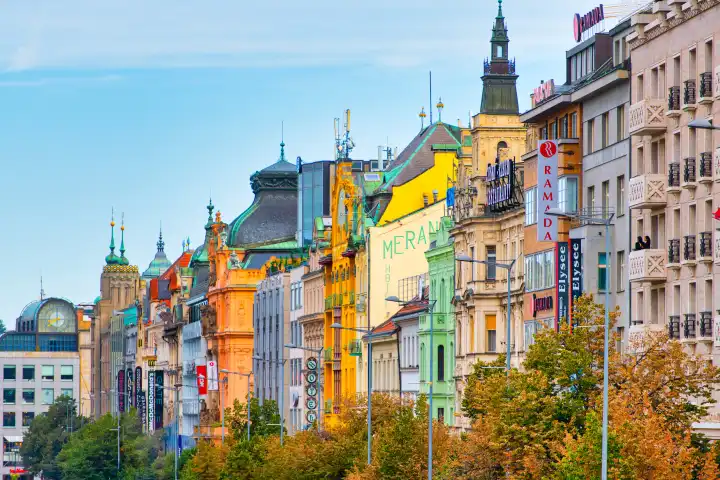 Prague, Czech Republic - 6 September 2019: Colorful buildings on a street in Prague
