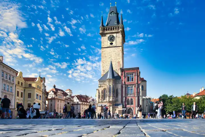 Prague, Czech Republic - 6 September 2019: Old town square in Prague with the astronomical clock tower