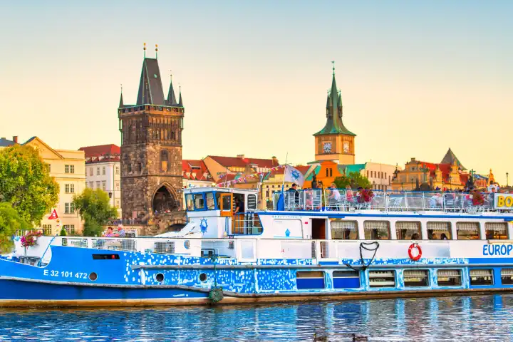 Prague, Czech Republic - 4 September 2019: Tourism tour of the Vltava river in Prague