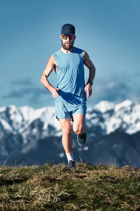 High mountain training a man running alone