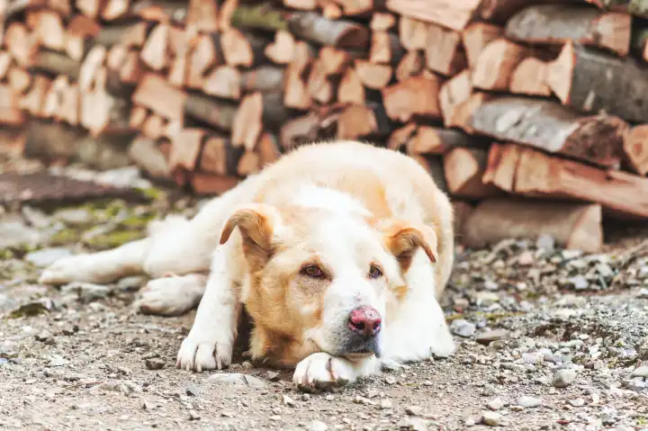 Ein heller Mischlingshund in der Nähe von Brennholz