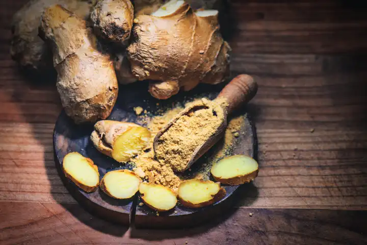 Ginger powder with cut root on table