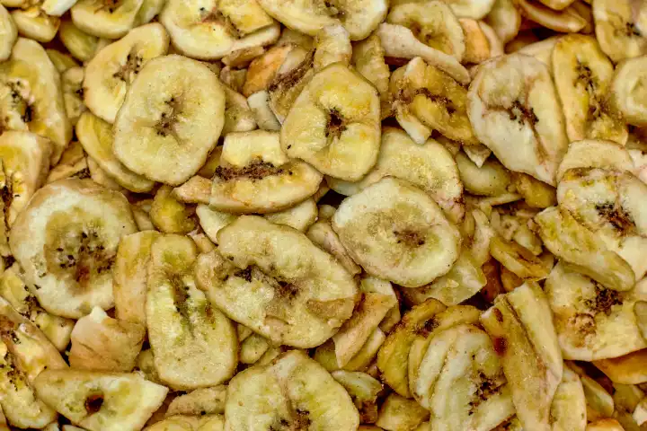 Close-up of industrial dried bananas
