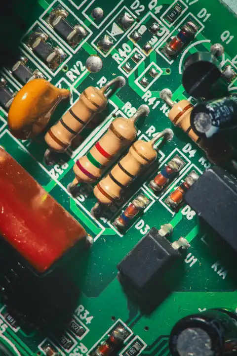 Close-up of printed circuit with electronic resistors