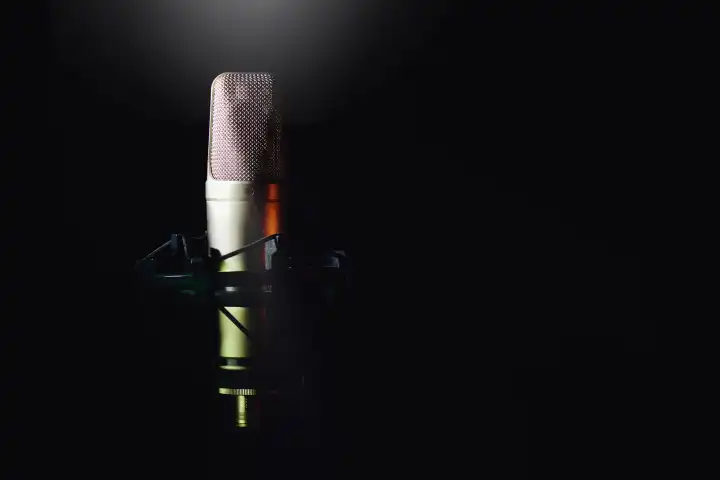 Microphone in recording studio on black background