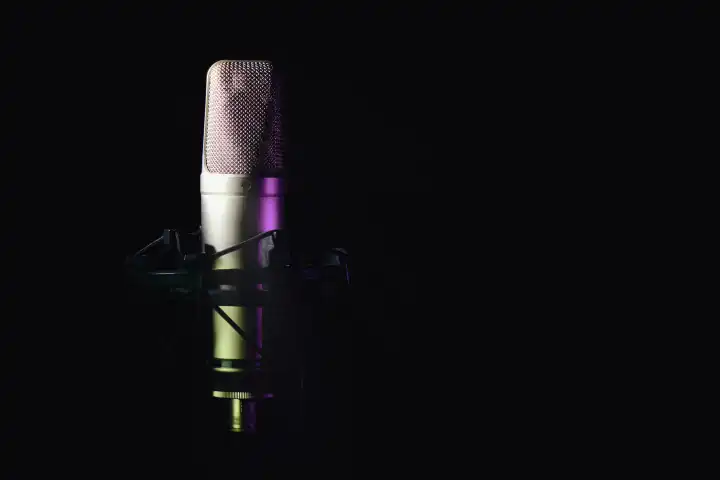 Studio microphone for broadcasting on black background